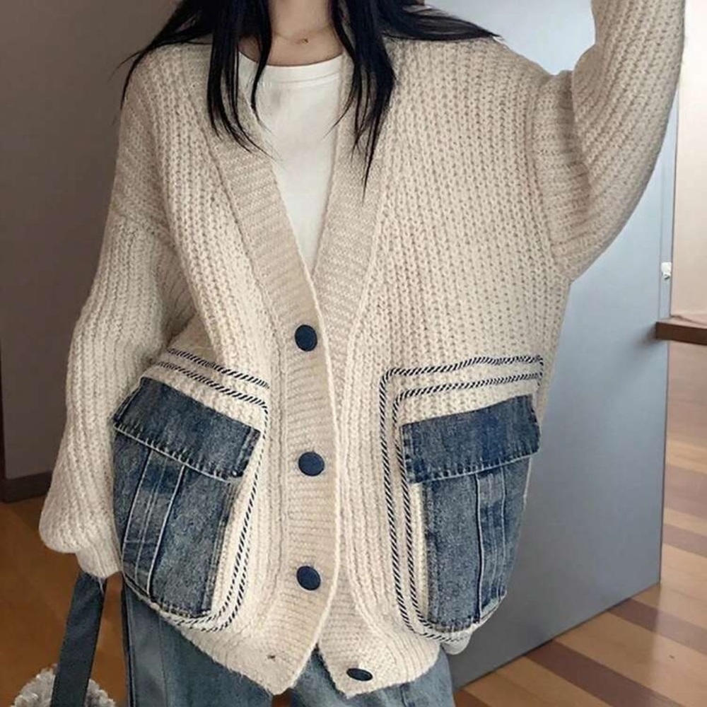 Cozy Beige Button Down Denim Pockets Oversized Cardigan XS S M L